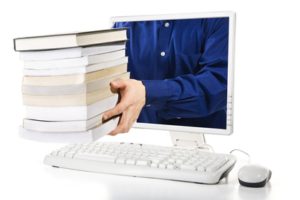 A man is delivering lots of books from the computer's screen.